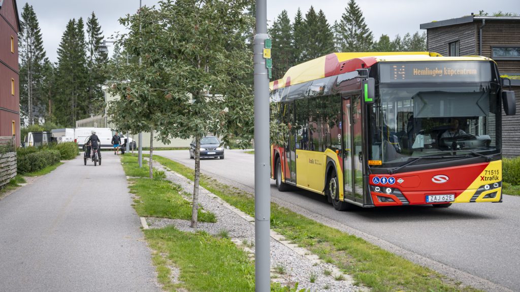 Bilden visar en buss som åker längs en bostadsgata i sommartid