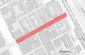 Kartan visar området för stannande och parkeringsförbud längs Nygatan