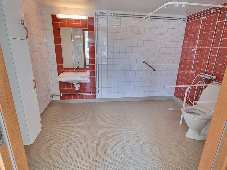 Ett badrum med förvaring till höger, rakt fram finns ett ahndfat, spegel samt stor dusch, följt av toalett.