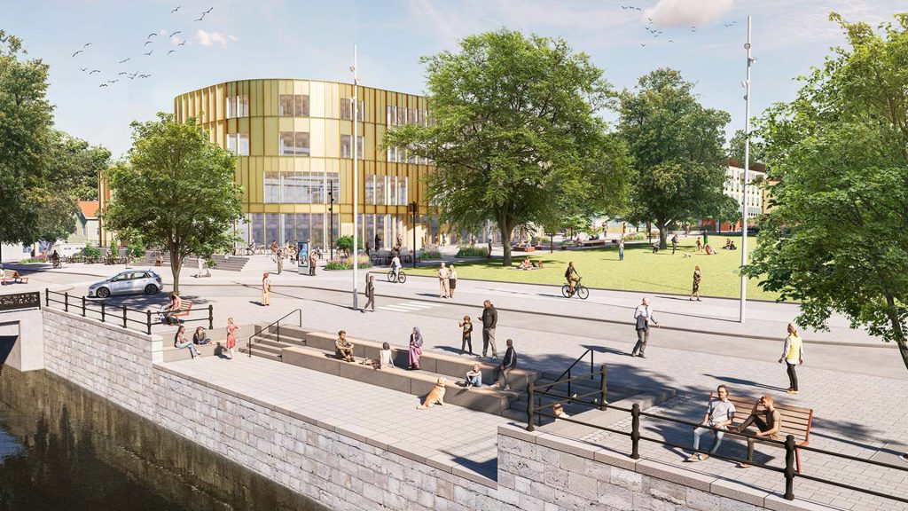 Illustrerad bild över Roddartrappan med Agnes kulturhus i bakgrunden
