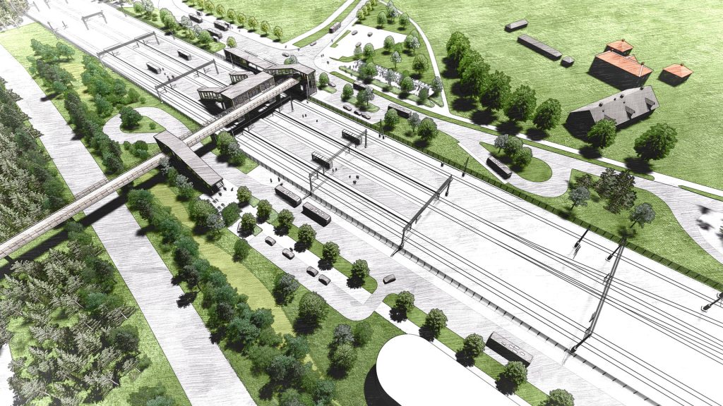 Illustrerad bild som föreställer den kommande tågstationen vid Gävle Västra