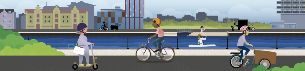 Illustrerad bild föreställande personer som cyklar, åker sparkcykel och trampbåd på Gävle strand.