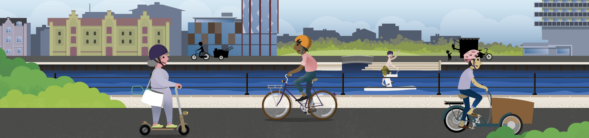 En illustration på cyklister längs med ån