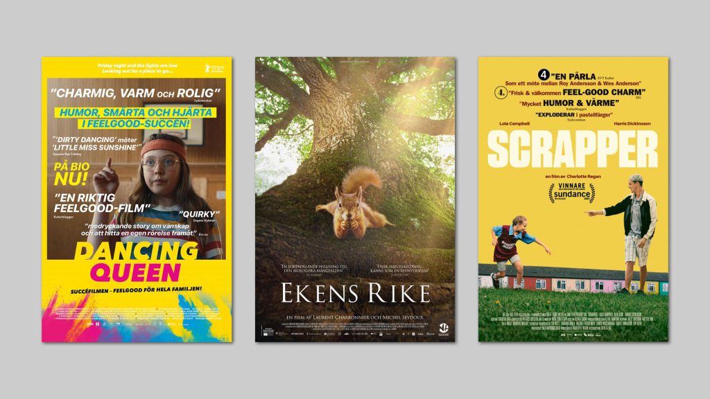 Collage med filmaffischer för filmerna "Dancing Queen", "Ekens rike" och "Scrapper".