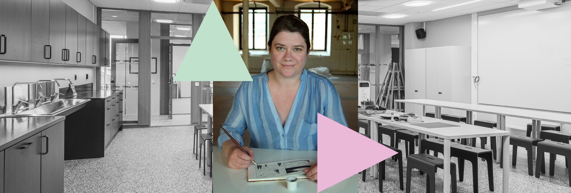 Fotografi på Elin Hjulström Lord, sittandes vid ett bord med en penna i handen och ett block med teckningar framför sig.