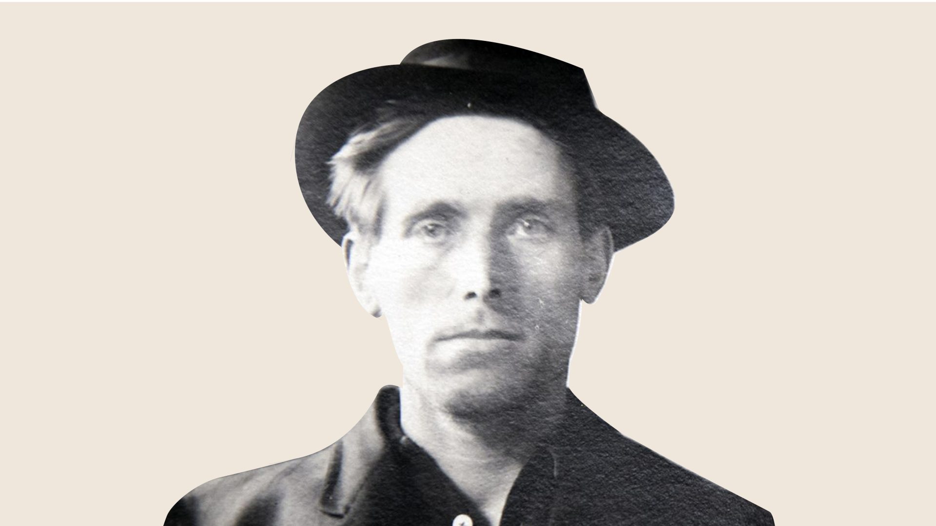 Porträttbild på Joe Hill. En svartvit bild och mannen bär hatt.