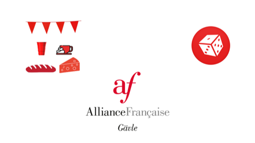 Alliance Française de Gävle logga, samt en animerad bild på fika och en tärning.