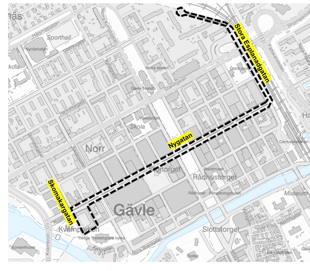 Kartan visar centrla Gävle och sträckan för cruisingen längs Nygatan och Stora Esplanadgatan
