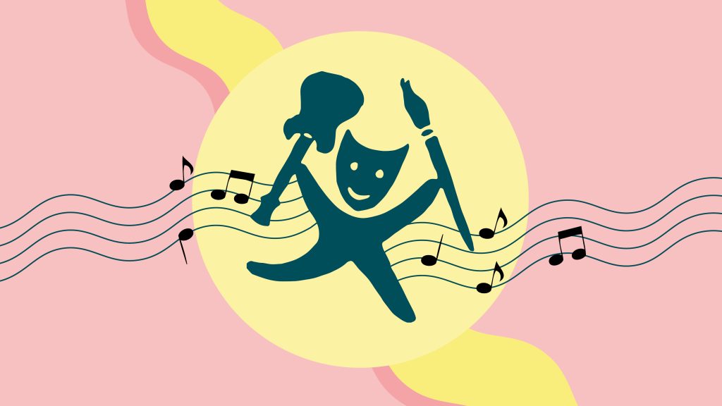 Illustrationsbild med Kulturskolans logga i gul och rosa bakgrund