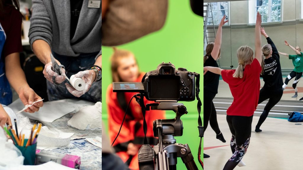 Kollage med tre bilder. Barn som målar, spelar in video och dansar