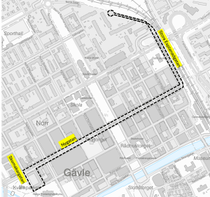 Kartans svarta markeringar visar sträckan för cruising längs Nygatan och Stora Esplanadgatan