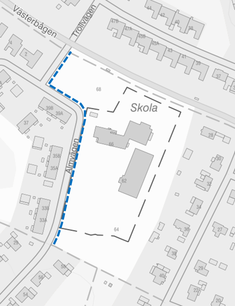 Kartans blåa streck visar den planerade gång och cykelvägen längs med Fridhemskolan