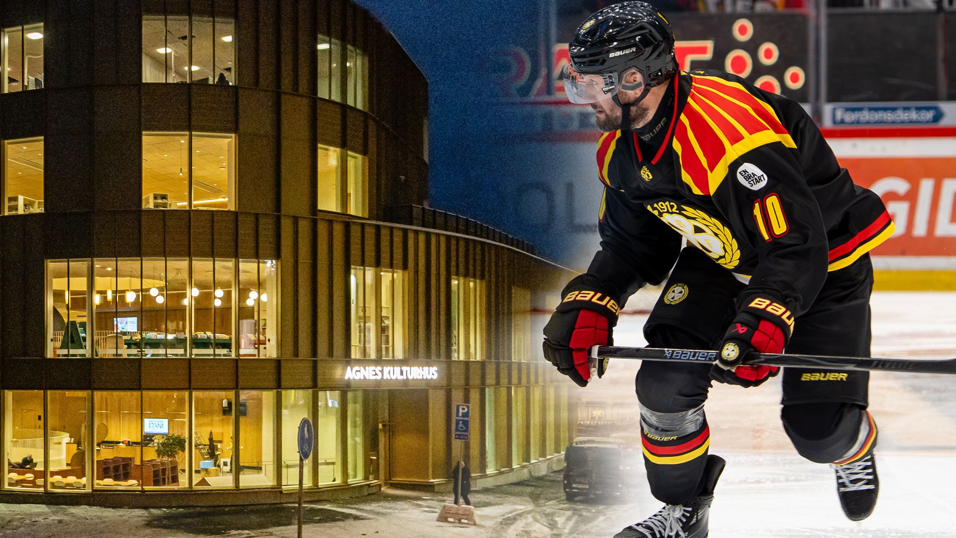 Låna hockeybiljetter på Agnes Kulturhus och stadsbiblioteket. Foto Agnes Kulturhus: Alexander Lindström. Foto hockeyspelare av Brynäs IF