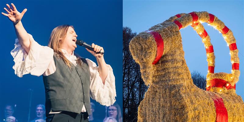 Kollage med bild på artisten Joakim Starrin till vänster och Gävlebockens huvud till höger.