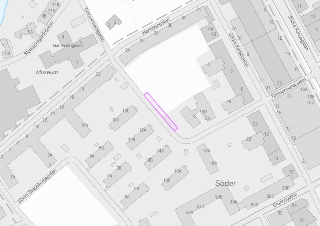 Karta med lila markering över parkeringsplatsen vid Timmermansgatan.