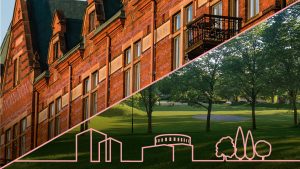 Byggnader i Gävle med illustration av byggnader i botten av bilden