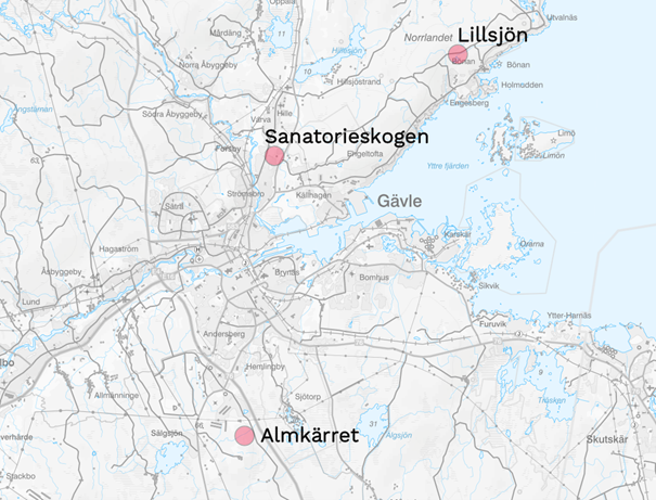Karta över del av Gävle med tre punkter som visar nya naturreservat.