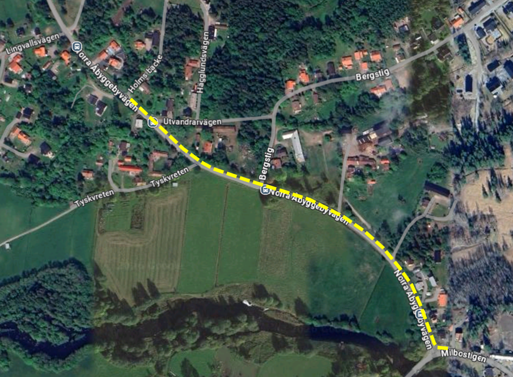 Kartbild på Norra Åbyggebyvägen med markering för gång- och cykelbana.