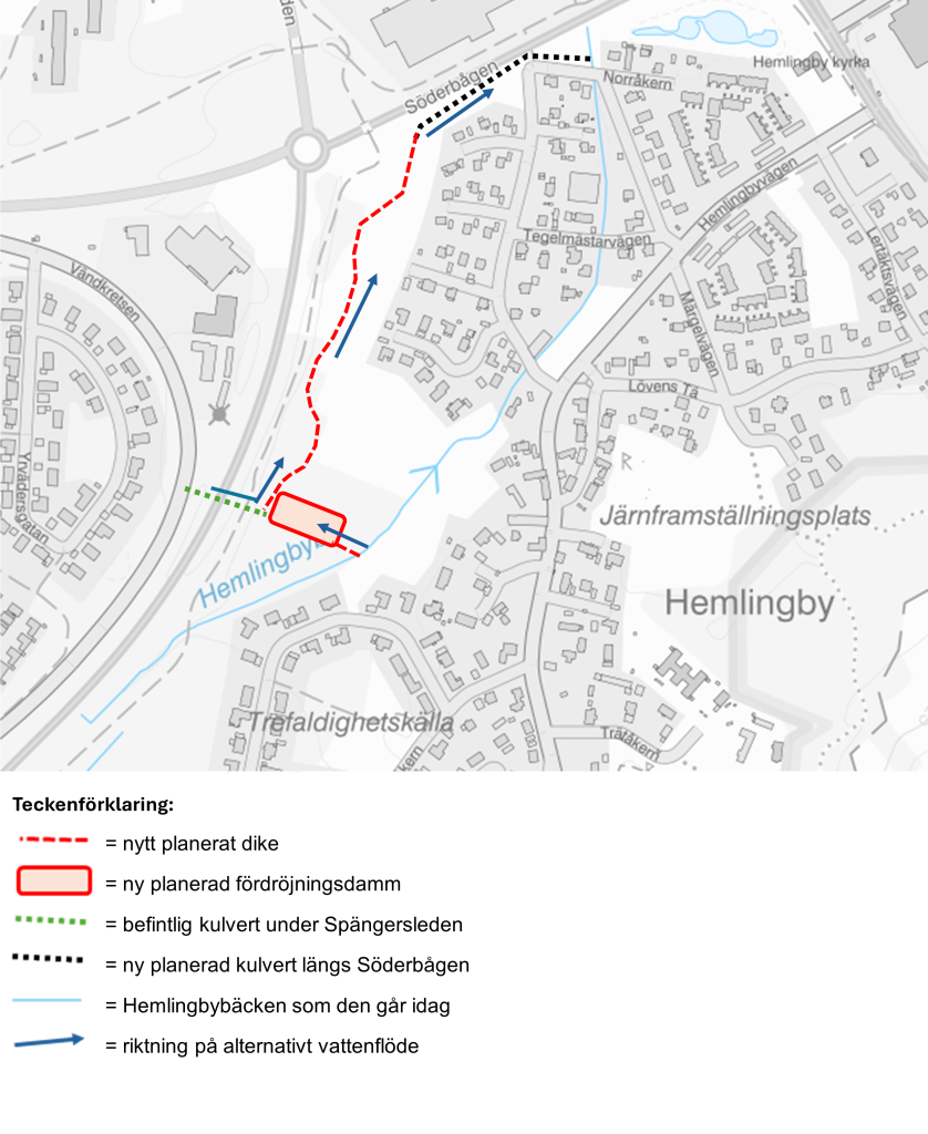 Kartbild som visar Hemlingbybäcken