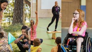 Collage med 3 bilder. Visar en barngrupp ute i skogen, en gympalektion och en tjej i rullstol