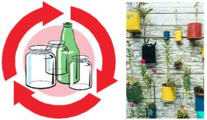 Ett kollage av en symbol för återvinning samt växter i krukor på en vägg.