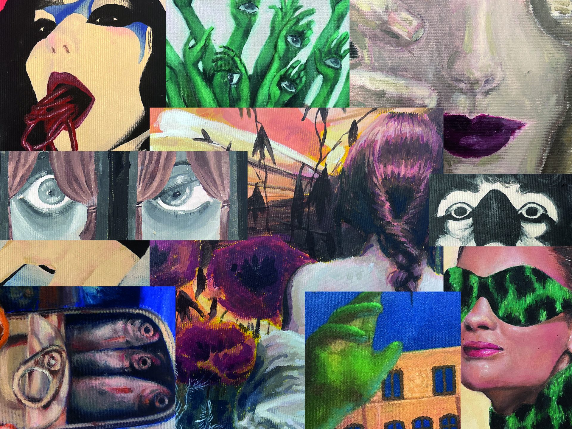 Ett collage av flera av elevernas oljemålningar.