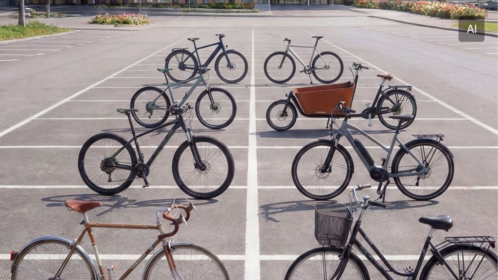 Cyklar som står parkerade på bilparkering