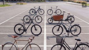 Cyklar som står parkerade på bilparkering