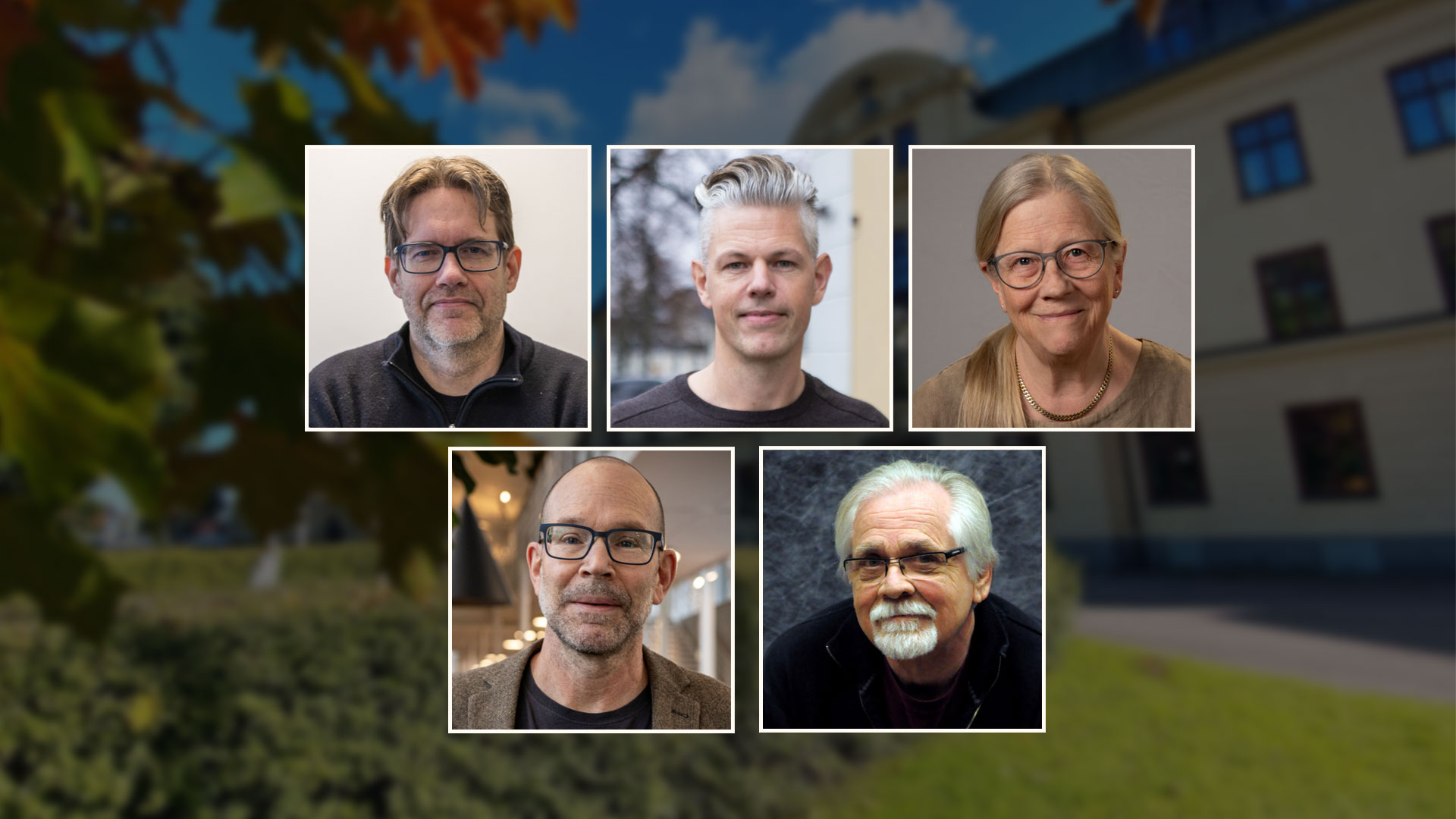 Fem porträtt framför en suddig bild av en byggnad