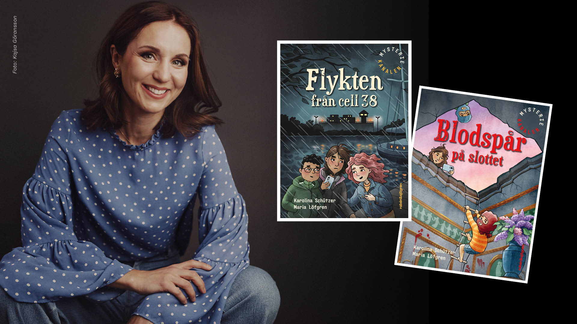 portätt på en kvinna och två bokomslag