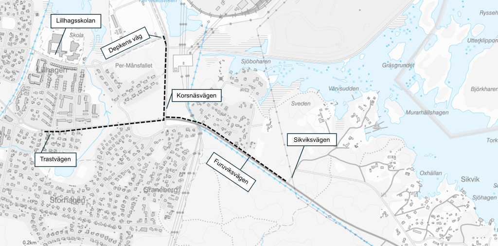 Kartans svarta markering visar de planerade gång- och cykelbanorna. 
