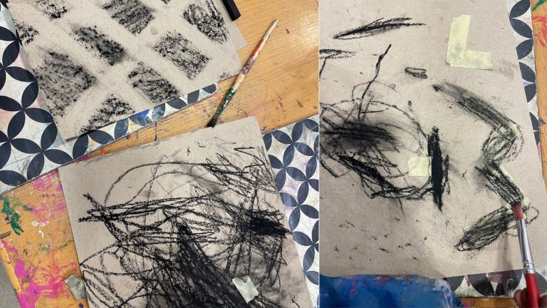 Konstverk skapade med kol på Lindbacka förskola