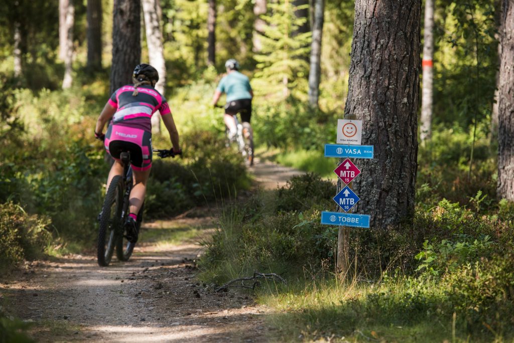 Två personer som cyklar i spår i skogen.