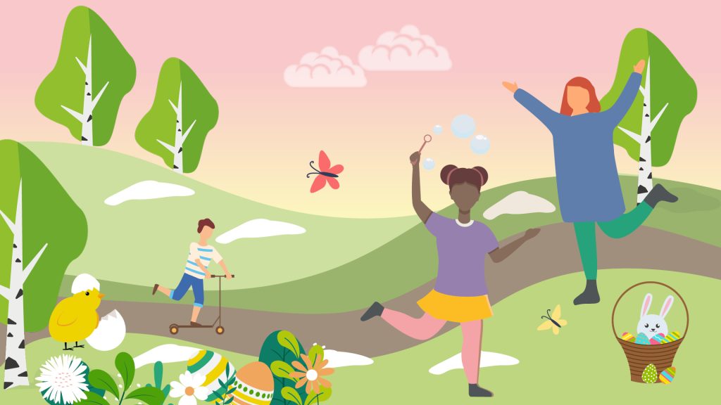 Animering människor och barn på en äng inför påsken.