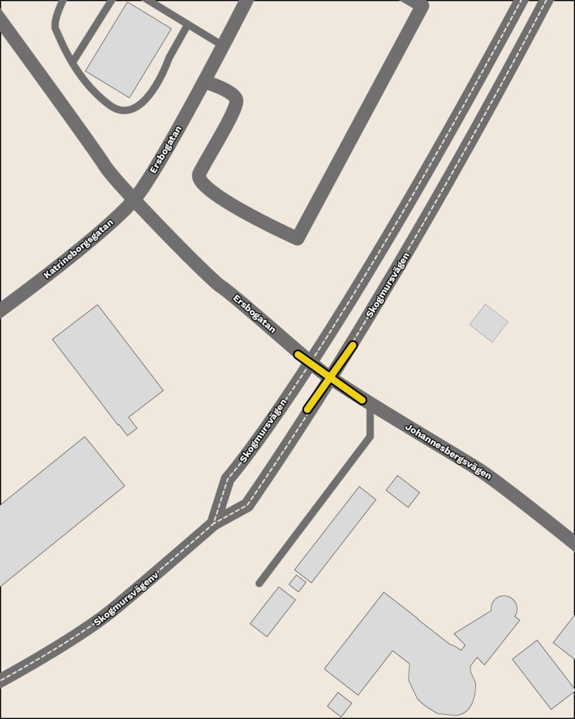 Kartan visar den olycksdrabbade korsningen mellan väg 509, Johannesbergsvägen och Ersbogatan. Den nya hastigheten gäller i den gulmarkerade sträckan på kartan.