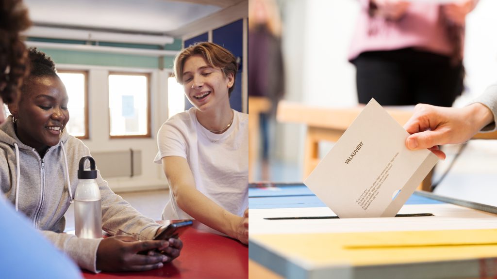 Bildkollage på unga människor samt en hand som lägger i röstsedlar i en valurna