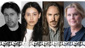 Fyra porträtt invid varandra. Ett mönster längst ner.