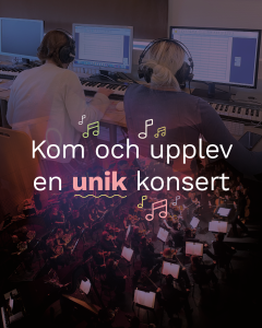Bakgrundbild med elever och symfoniorkester och text om att uppleva en unik konsert.