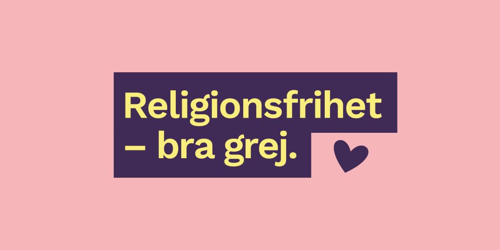 Rosa bakgrund med texten "Religionsfrihet - bra grej" och ett lila hjärta.