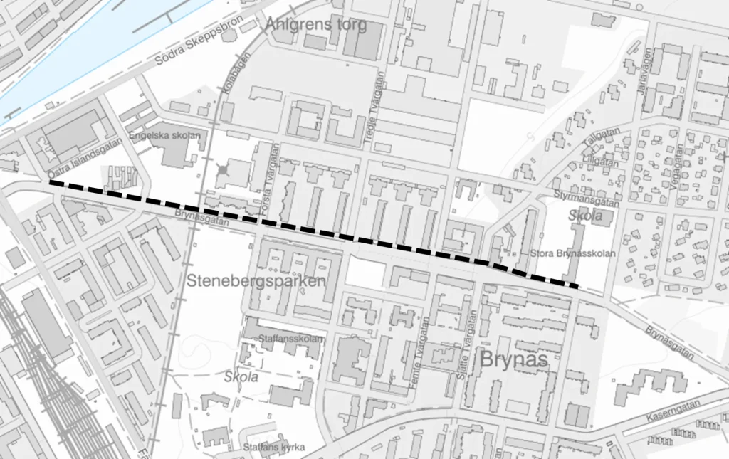 Kartbild över det aktuella området Brynasgatan, Brynäs