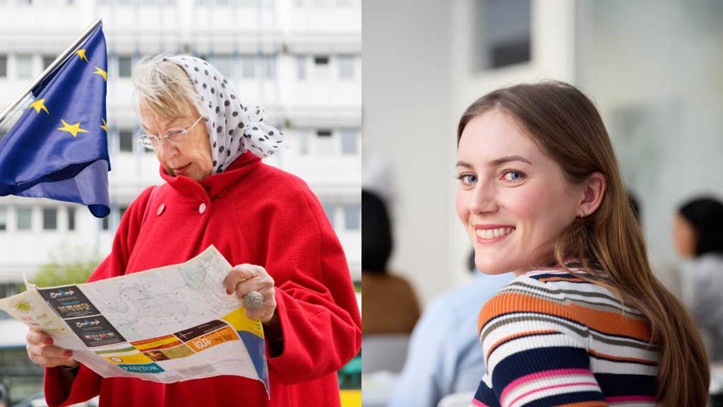 Äldre kvinna och en yngre tjej, med en EU-flagga bredvid sig