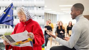 Äldre kvinna som tittar i en tidning och en grupp ungdomar som sitter och pratar