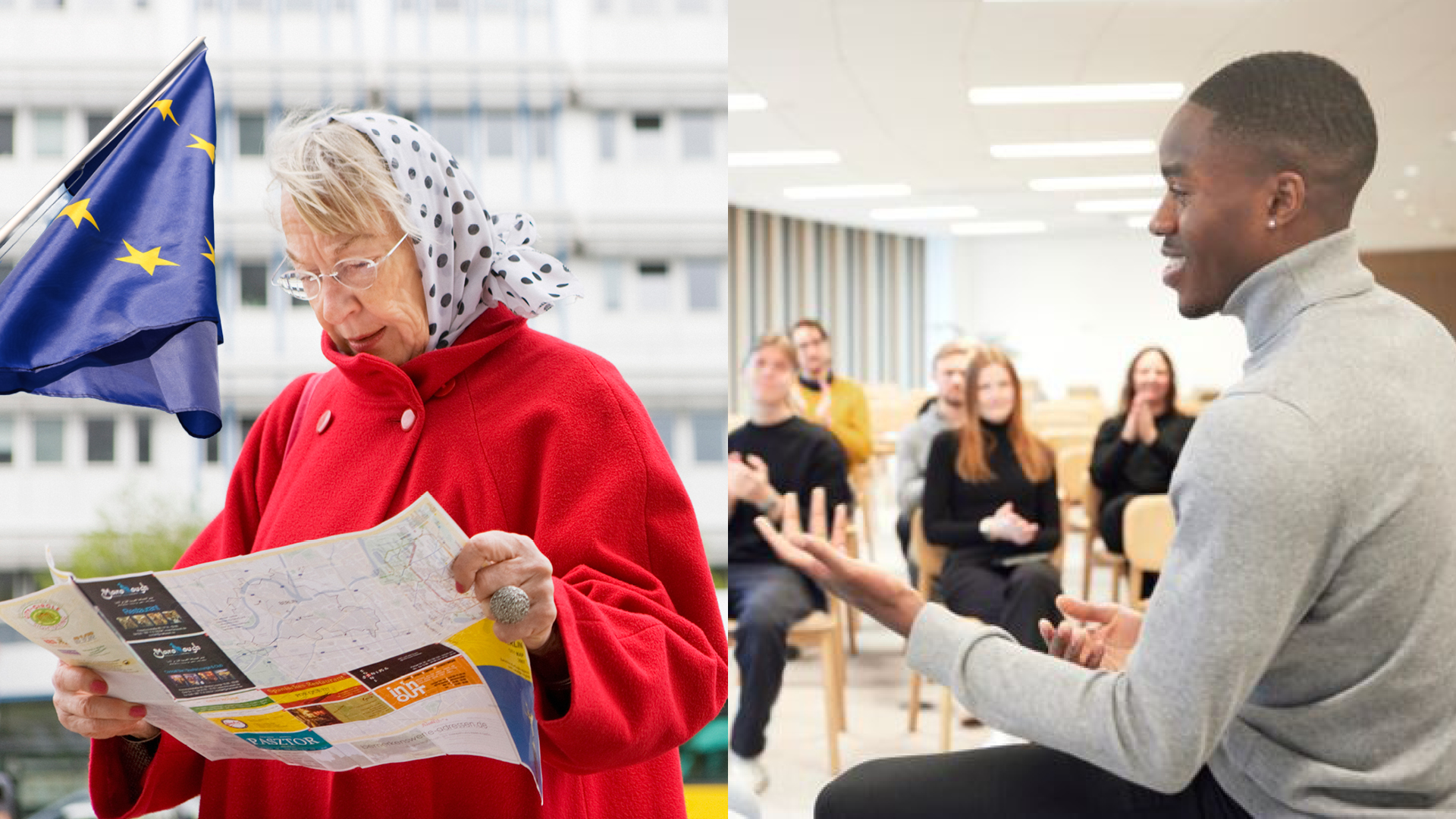 Äldre kvinna som tittar i en tidning och en grupp ungdomar som sitter och pratar