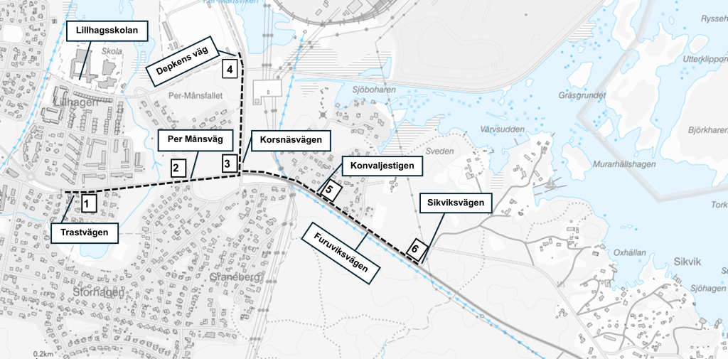 Karta med svarta markeringar som visar planerade gång- och cykelbanor.