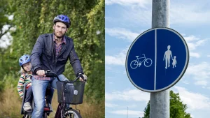 Bildkollage. Bild 1 är en man som cyklar med ett barn i barnsadel. Bild 2 visar en trafikskylt för delad cykel och gångbana