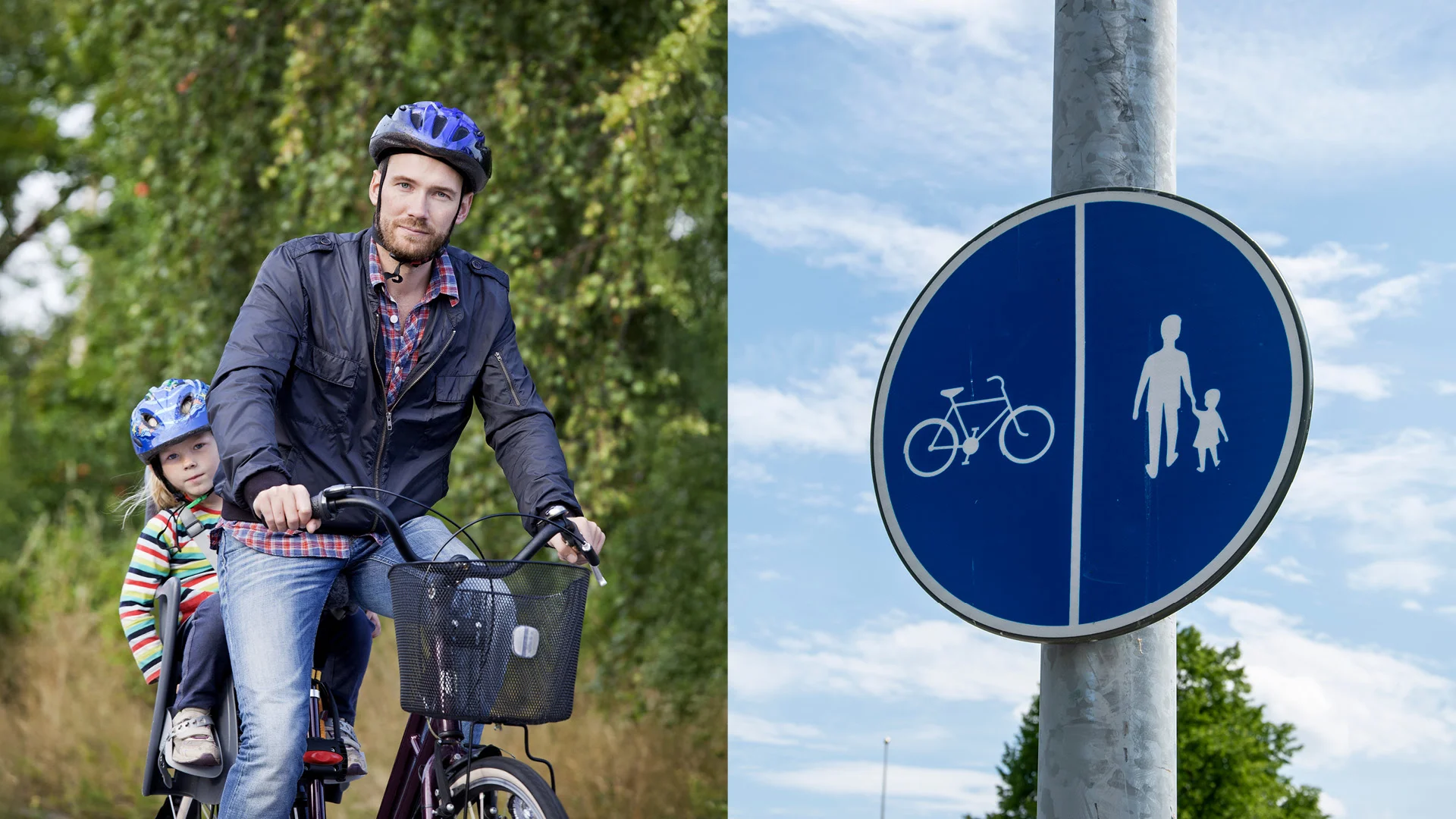 Bildkollage. Bild 1 är en man som cyklar med ett barn i barnsadel. Bild 2 visar en trafikskylt för delad cykel och gångbana