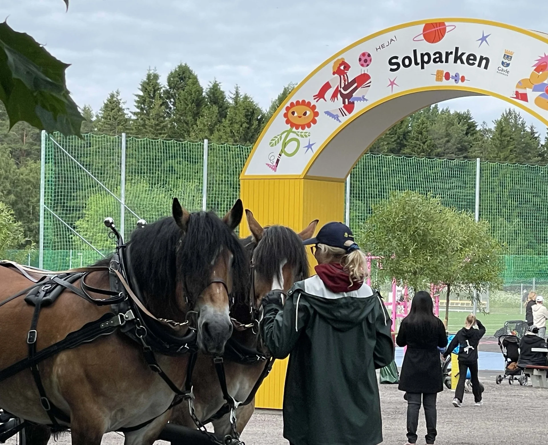 Två hästar vid invigning av lekpark.