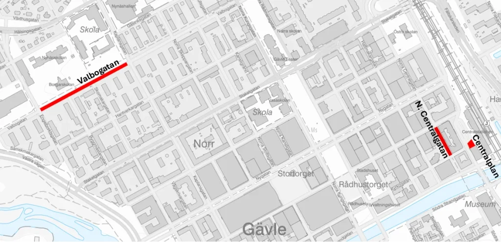 Kartans med röda markeringar över avstängda gator i Gävle