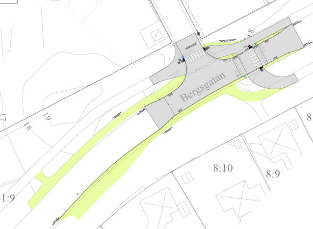 Karta över Bergsgatan med fält markerade i grått och grönt.