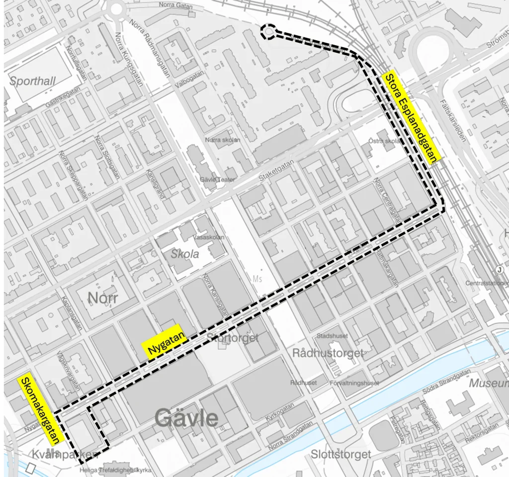 Karta som visar crusing länsg Nygatan och Stora Esplanadgatan